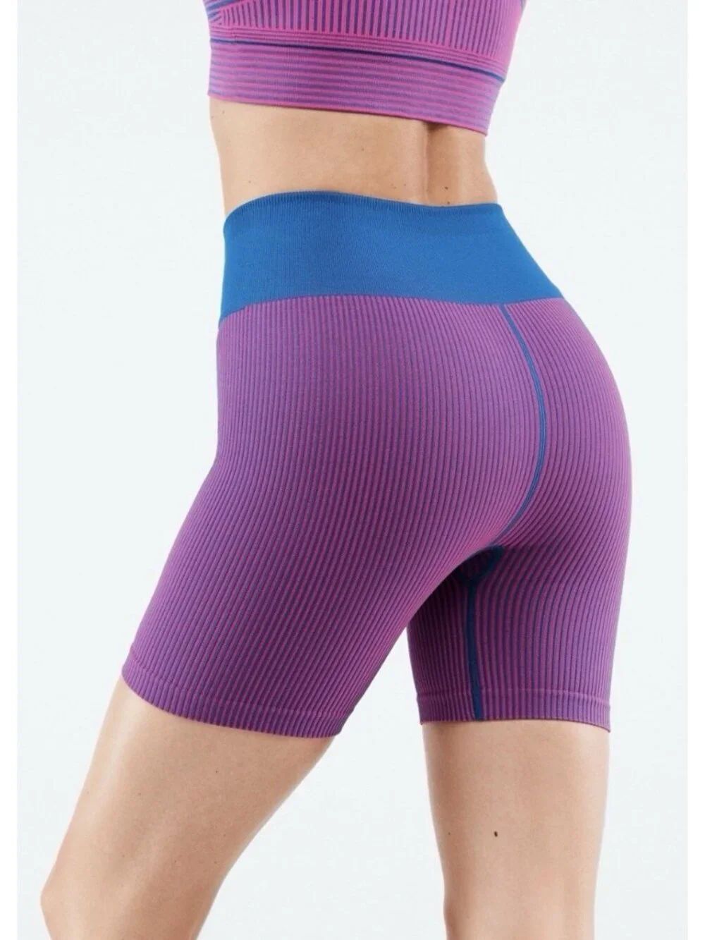 Fabletics Blue Pink Striped High Waist Seamless Biker Shorts Women’s Small